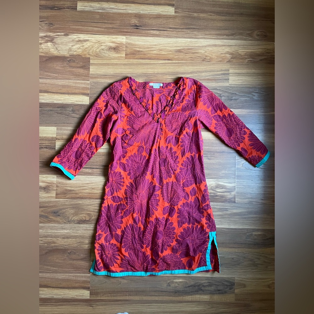 Boden 100% Cotton Red and Pink Floral Dress with Ruffle Detail | women’s 4